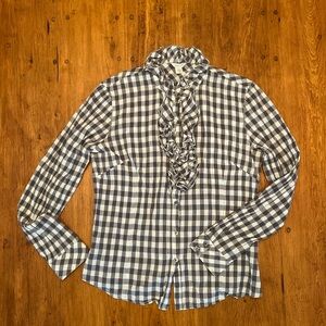 Garnet Hill Gingham Ruffle Front Button Down Shirt 100% Cotton